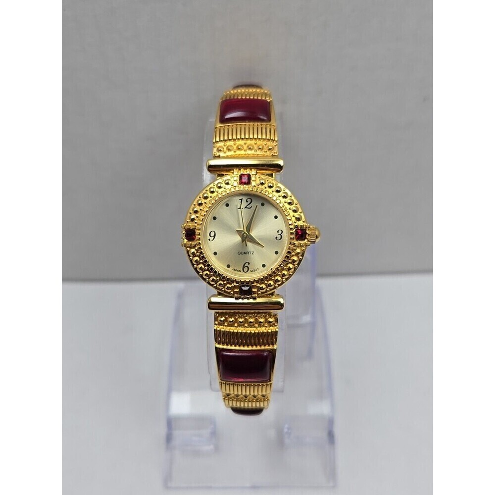 Avon Gold Tone Red Cabochon Bracelet Watch Japan Quartz New Battery 24mm Classic